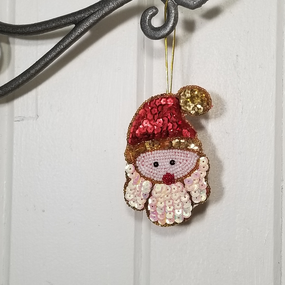 Vintage Sequin & Beaded Santa Christmas Ornament 3.5" Hanging Tree Decor